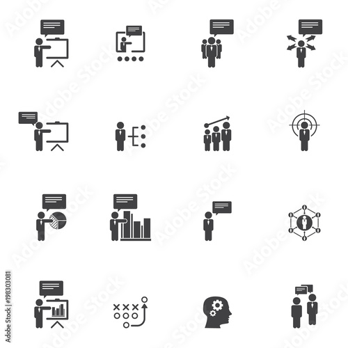 Business training icon set. Flat design icons for business, consulting, finance, management, career, human resources.