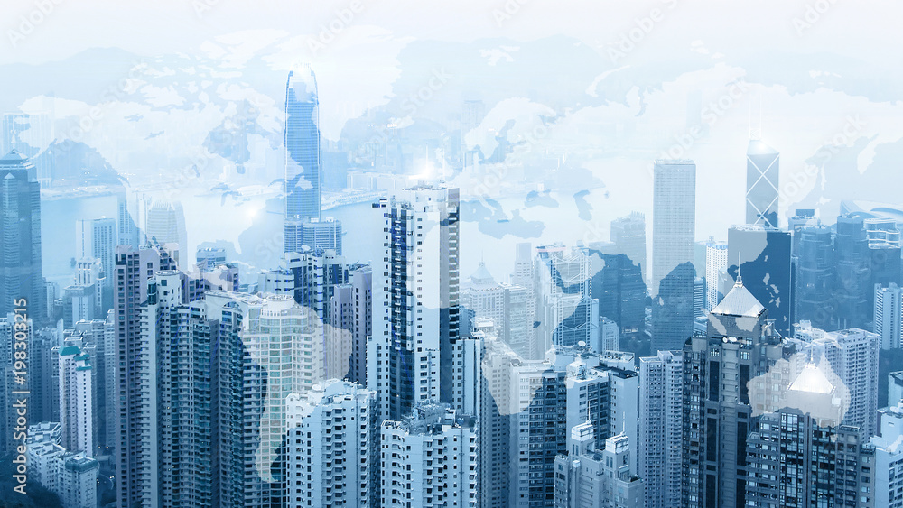 Obraz premium Modern urban skyline. Global communications and networking. World map. Cyberspace in big city. Stock markets. E-business and e-banking