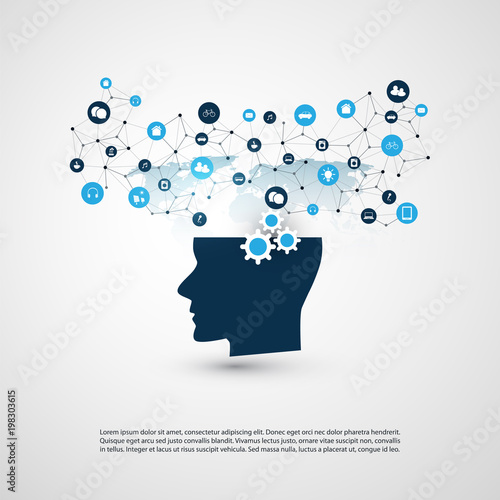 Abstract Machine and Deep Learning, Artificial Intelligence, Cloud Computing and Networks Design Concept with Icons and Human Head