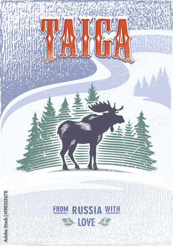 Тайга, Лось рогатый на фоне елей, Россия, любовь, снегопад, цветной постер, иллюстрация, вектор