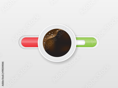 Top view of a cup of coffee and off switcher on background.
