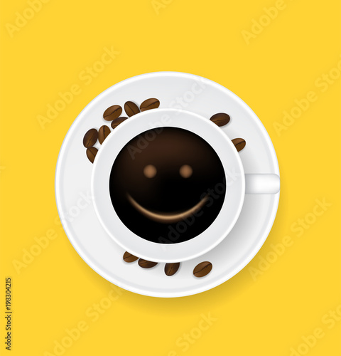 Top view coffee cup smile face and beans on background.