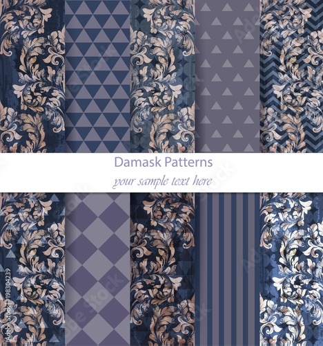 Damask patterns set collection Vector. Baroque ornament on modern abstract ba...