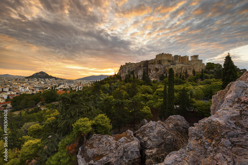 Acropolis as seen from Areopagus hill early in the morning. 
