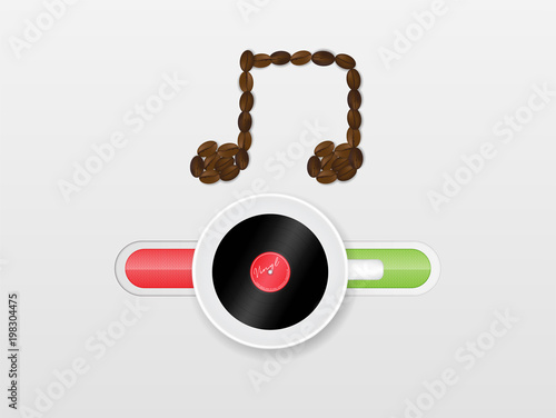 Top view of a cup of coffee with vinyl record inside and on off switcher with musical note. Vector Illustrator