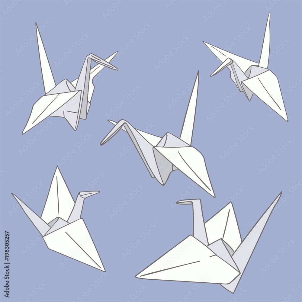 Set of hand drawn paper origami birds on the blue Set of hand drawn paper origami birds on the blue
