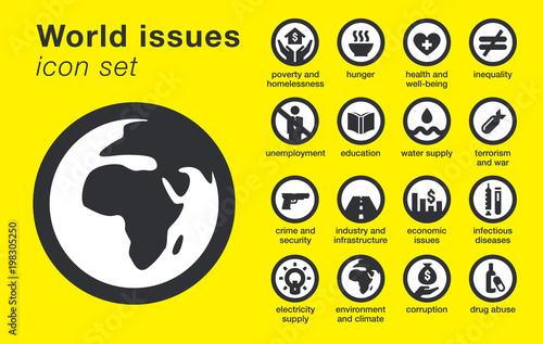 World issues icons set. Includes hunger, poverty, crime, unemployment, education, environment, economic, etc. Sustainability problems. Vector illustration.