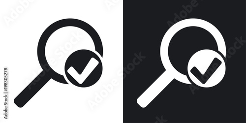 Vector magnifier sign with check mark icon. Two-tone version on black and white background