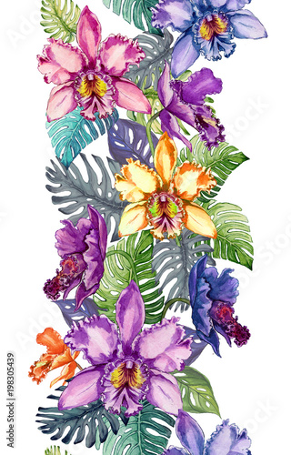 Piękni orchidea kwiaty i monstera opuszczają na białym tle. Bezszwowy tropikalny kwiecisty wzór. Malarstwo akwarelowe. Ręcznie rysowane ilustracja.