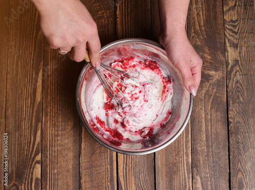 Delicious bowl of strawberry ice cream. Homemade cooking