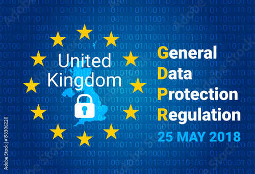 GDPR - General Data Protection Regulation. Map of United Kingdom, EU flag. vector