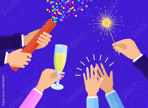 People Hands with Champagne Glass and Sparkler