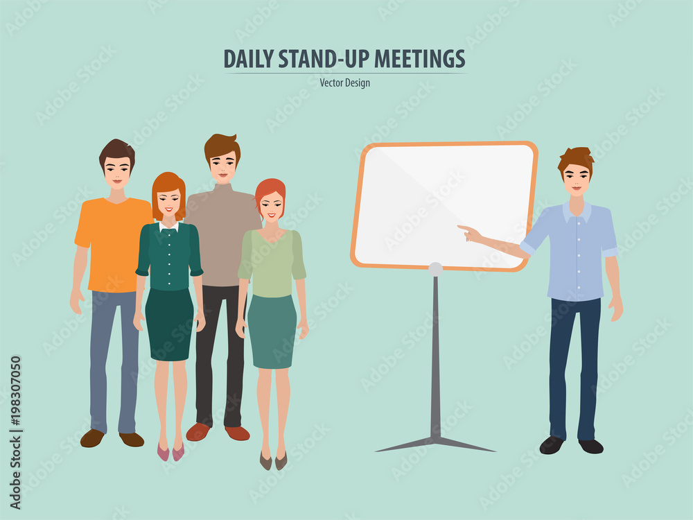 Business daily stand up meeting with whiteboard. Vector illustration group of business people flat design. Business daily stand up meeting with whiteboard. Vector illustration group of business people flat design.