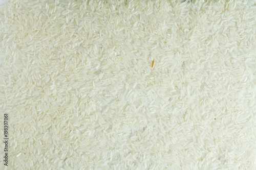 The rice is evenly scattered on a white table.
