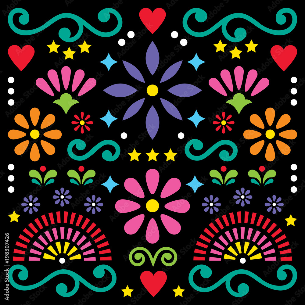 Mexican folk art vector pattern, colorful design with flowers greeting