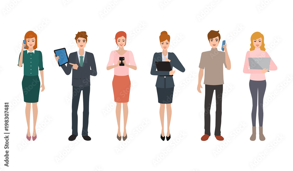 Obraz premium Business people group in social network communication with phone tablet computer notebook. Flat Vector Illustration design.