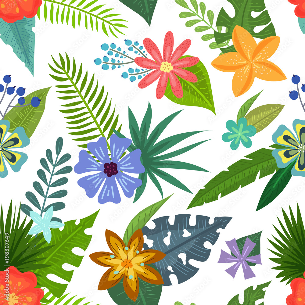 Seamless pattern with tropical flowers and leaves doodle style, design for postcard and invitation. Vector