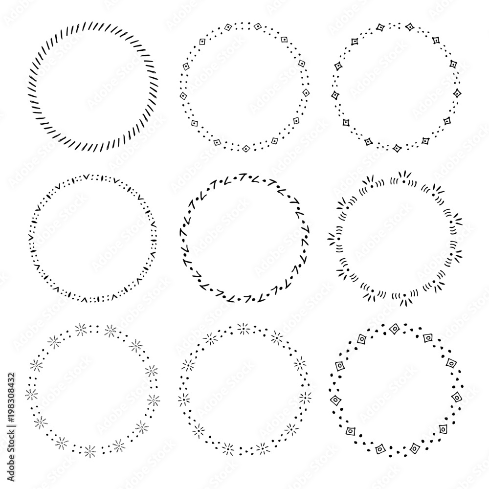 Set of round hand drawn frame. Doodles style. Vector illustration. Decorative isolated elements, border, label for text. Collection of symbols. Set of round hand drawn frame. Doodles style. Vector illustration. Decorative isolated elements, border, label for text. Collection of symbols.