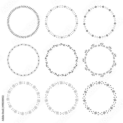 Set of round hand drawn frame. Doodles style. Vector illustration. Decorative isolated elements, border, label for text. Collection of symbols.