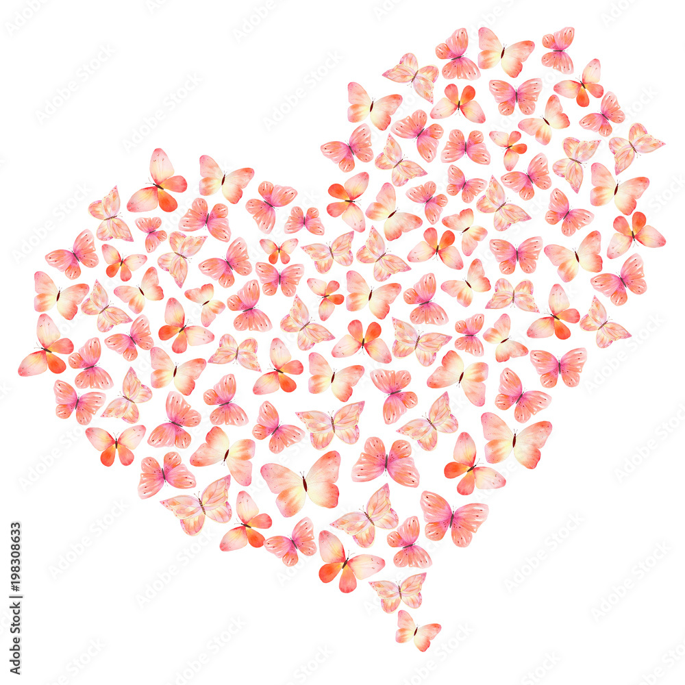 Heart of butterflies handmade watercolor sketch. Perfect for greeting and love cards, wedding, logo, packaging.