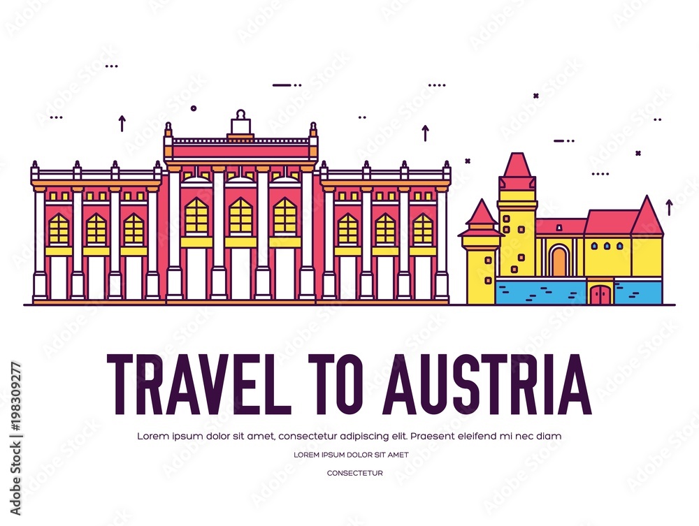 Country Austria travel vacation of place and feature. Set of architecture, item, nature background concept. Infographic traditional ethnic flat, outline, thin line icon