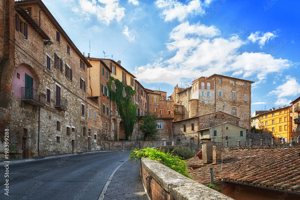 street with old stone houses in Perugia, Umbria, Italy