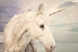 Photo Realistic Unicorn walking by the ocean with rainbow sky