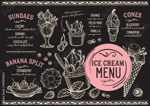 Ice cream restaurant menu. Vector dessert food flyer for bar and cafe. Design template with vintage hand-drawn illustrations.