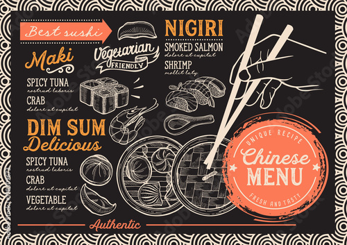 Japanese sushi restaurant menu. Vector chinese dim sum food flyer. Design template with vintage hand-drawn illustrations.