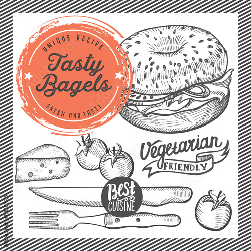 Bagels restaurant menu. Vector sandwich food flyer for bar and cafe. Design template with vintage hand-drawn illustrations.