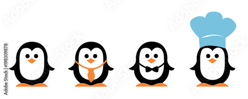 Vier niedliche Pinguine mit Fliege, Schlips und Kochmütze