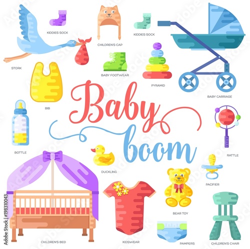 World breastfeeding week and kids elements flat icon set concept. Child illustrations design