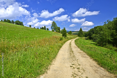 Rural country road in a grassy meadow on a blue sky with white clouds background