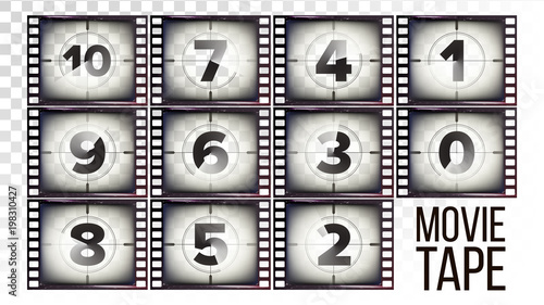 Movie Tape Countdown Vector. Monochrome Brown Grunge Film Strip. From Ten To Zero. Isolated On Transparent Background Illustration