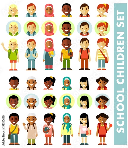 Different school children avatars set in flat style. Multicultural school kids icons group isolated on white background