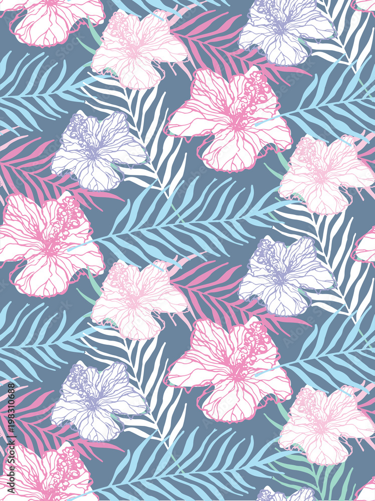 Obraz premium Hand drawn doodle tropical leaves pattern