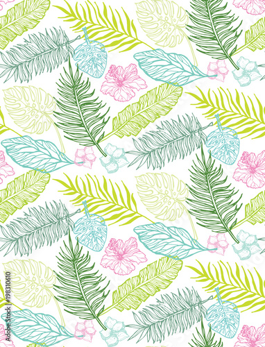 Hand drawn doodle tropical leaves pattern