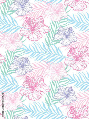 Hand drawn doodle tropical leaves pattern