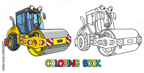 Funny asphalt compactor car with eye coloring book