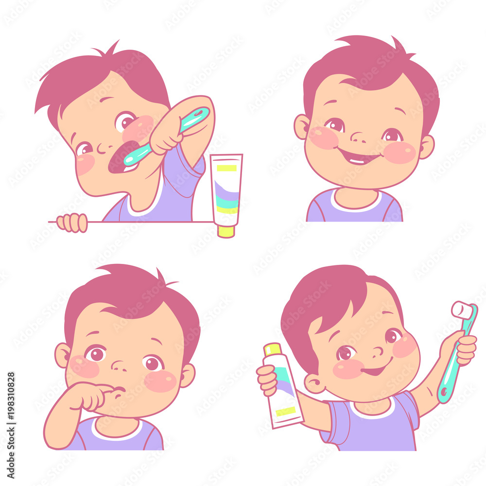 Baby teeth set. Little boy with tooth brush and toothpaste. Happy
