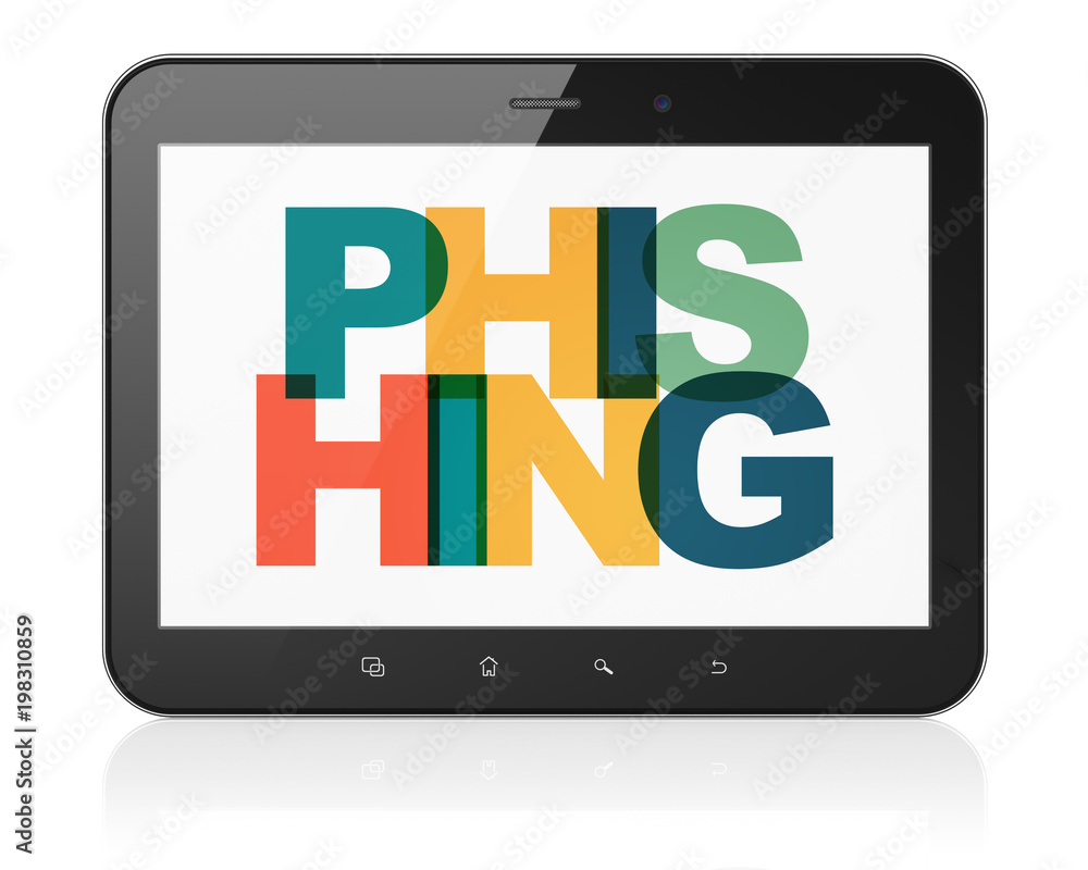 Safety concept: Tablet Computer with Painted multicolor text Phishing on display, 3D rendering Safety concept: Tablet Computer with Painted multicolor text Phishing on display, 3D rendering