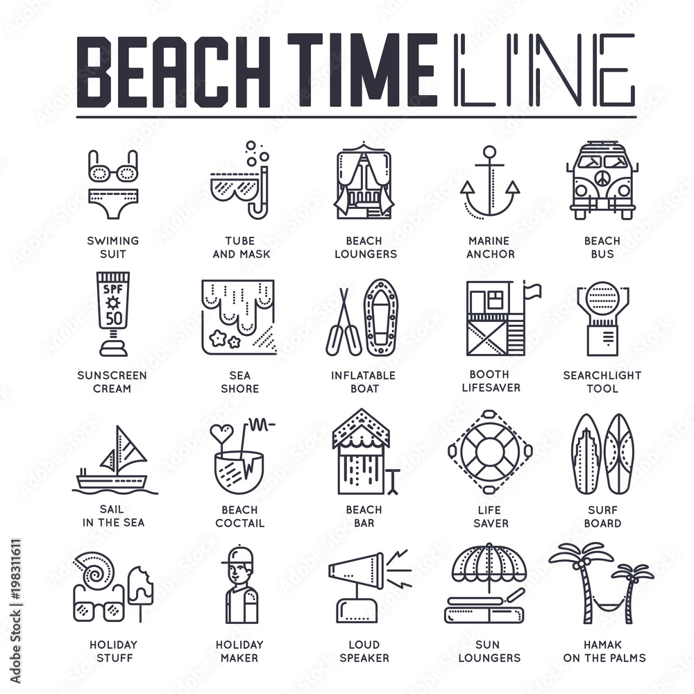 Seabeach with items for summer activities vector outline concept. Different equipment for summer activities on seashore. thin line illustration. Banner with typography slogan text design. Seabeach with items for summer activities vector outline concept. Different equipment for summer activities on seashore. thin line illustration. Banner with typography slogan text design.