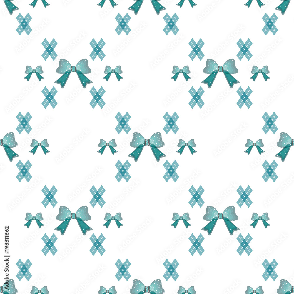 Mint Blue Green Tartan seamless with tie bows Vintage Background Vector Illustration.