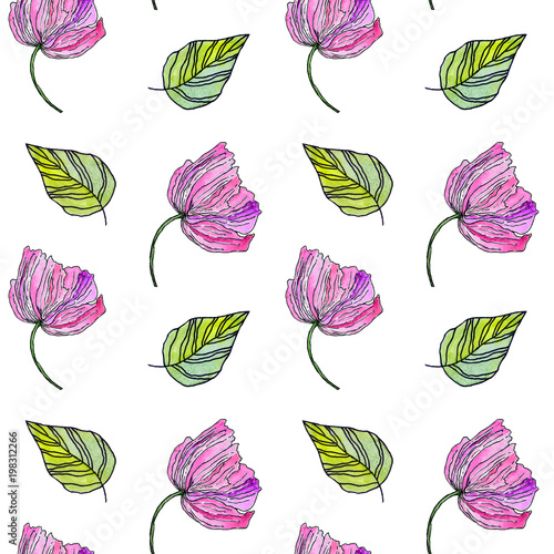 Seamless floral pattern. Watercolor flowers. Floral background. Drawing background. Floral fabric template.