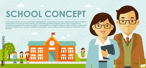 Education concept with teachers in flat style. Young teacher man and woman, school building and children.