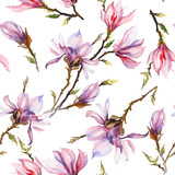 Pink magnolia flowers on a twig on white background. Seamless pattern. Watercolor painting.