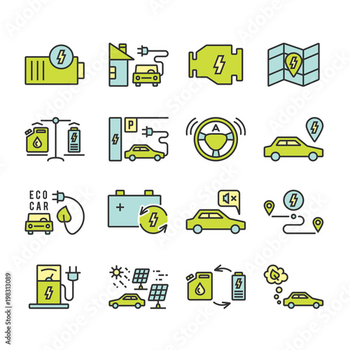 Electric car outine icons set