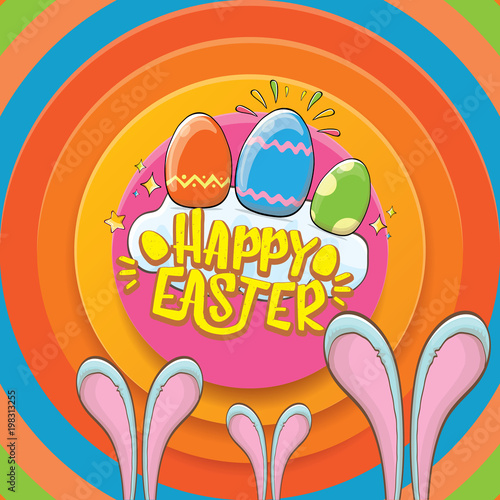 happy easter greeting card wtih bunny, calligraphic text, clouds , rainbow and color easter eggs. vector easter kids cartoon poster