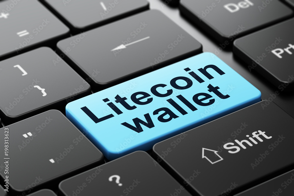 Fototapeta premium Blockchain concept: computer keyboard with word Litecoin Wallet, selected focus on enter button background, 3D rendering