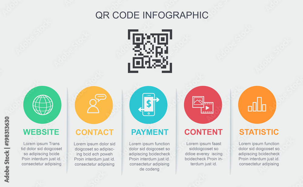 Obraz premium Vector QR code infographic template. 5 option, Website, Contact, Content, Statistic icon. Letter QR inside isolated on white background. Payment technology concept.